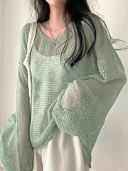 BXOXO Vibrant Solid Knitted V-Neck Pullover Top - Soft Micro Elasticity, Semi-Sheer, Elegant Long Sleeve Crochet Coverup - All Seasons, No Printing, Polyester Fabric, Knit Construction, Womens Casual Clothing