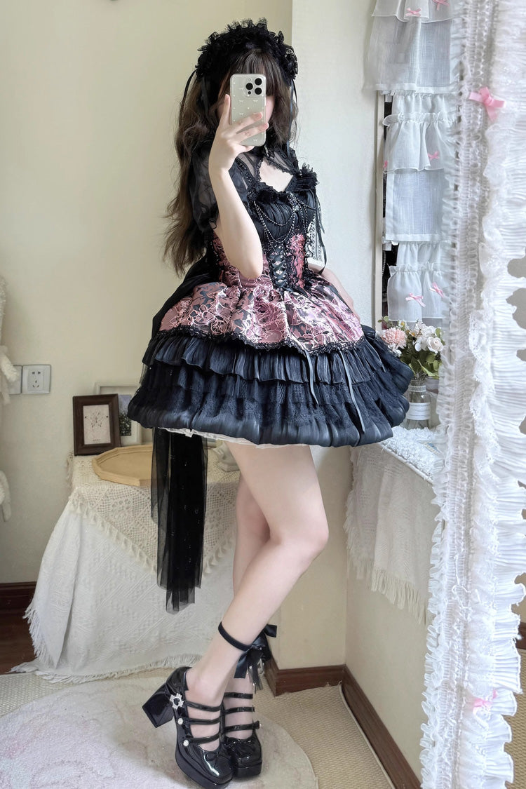 BXOXO - Black/Pink Ancient Dream of the Dark Night Print Ruffle Gothic Lolita Jsk Dress