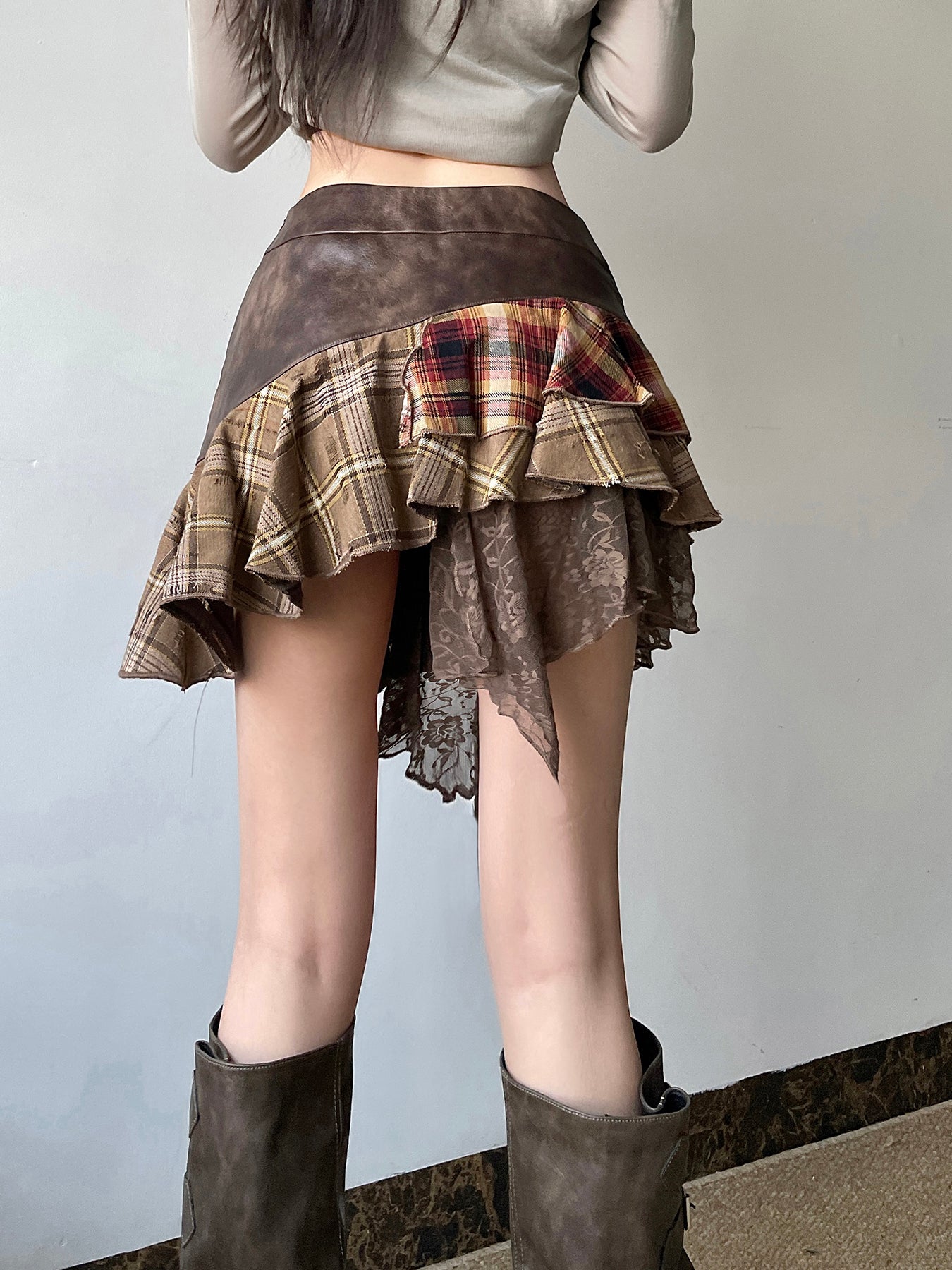BXOXO - summer inspo American Retro Asymmetrical Women’s Mini Skirts Lace Stripes Plaid Leather Irregular Fashion Chic Design Short Dresses