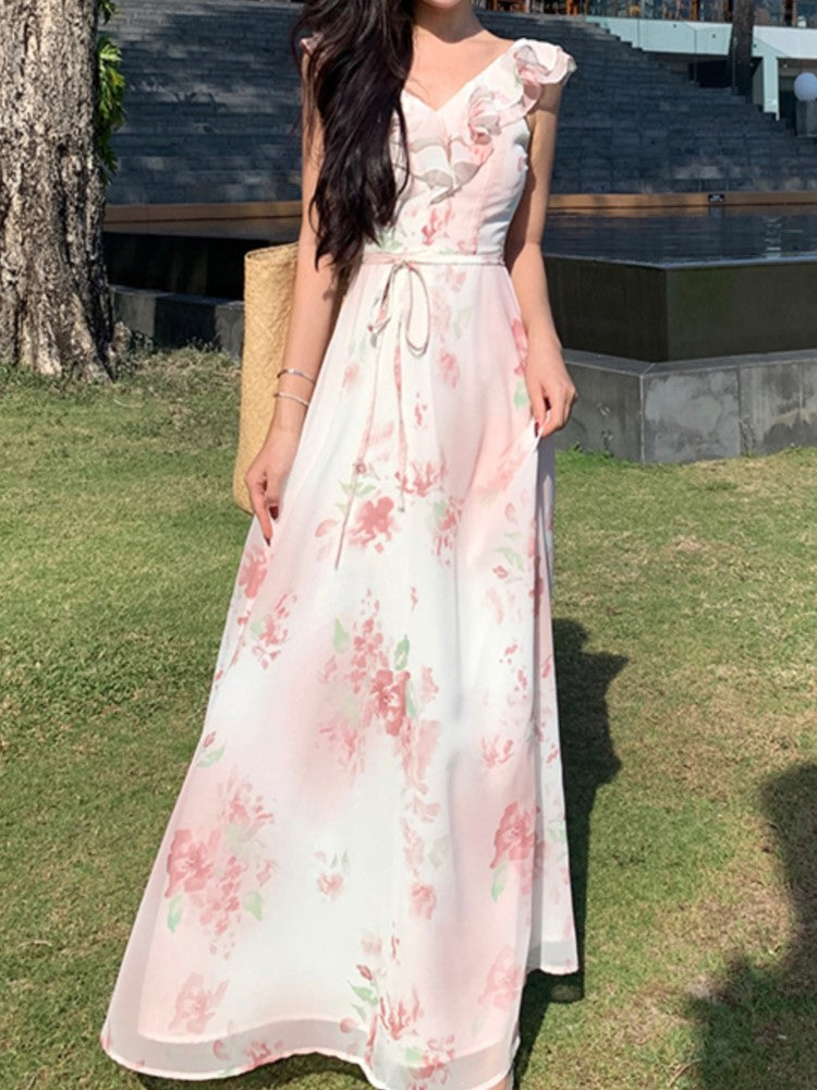 BXOXO party look inspos New Summer Women Elegant Floral Casual Dress Sleeveless A-Line Beach Holiday Clothes with Belted Female Vestidos Long Robe