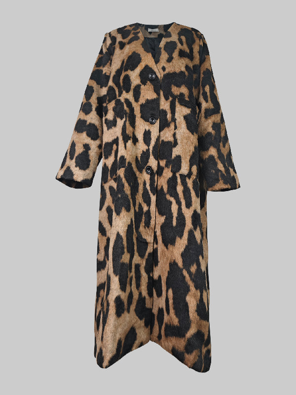 BXOXO Long Sleeves Loose Buttoned Leopard Pockets Split-Joint V-Neck Outerwear Trench Coats