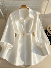 BXOXO Autumn New Fashion Blouses Women Clothing French Luxury Mature Style Shirt Long Sleeve Waist Slim Belt White Shirt Women Tops