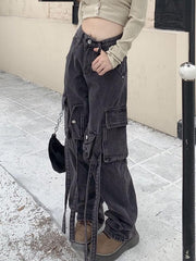 Vintage Wash High Rise Multi Pocket Cargo Jeans