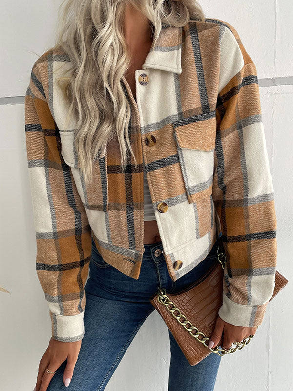 BXOXO Long Sleeves Loose Buttoned Plaid Pockets Split-Joint Lapel Jackets Outerwear