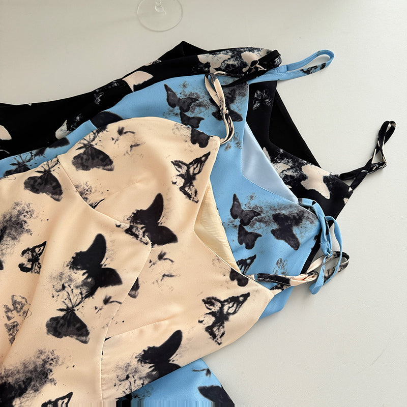 BXOXO - summer inspo Women Sexy Butterfly Print Backless Suspender Slim Long Dress Summer Casual Sleeveless Dresses Beach Robe
