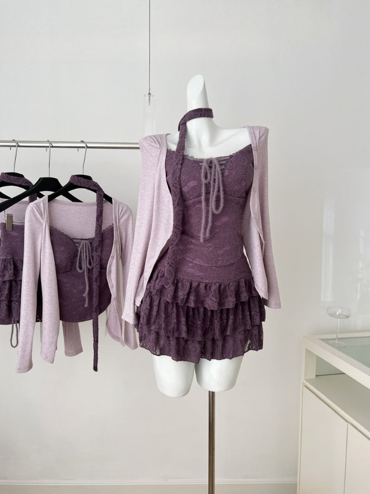BXOXO Spring Korean Fashion Ballet Suits Women Tie Fake Slim Two Pieces Tops+Elastic Waist Mini Skirts Cute Sweet Casual Clothing New