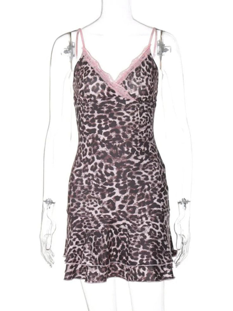 Bxoxo Women's dress pink leopard print fashion streetwear retro aesthetic Y2k cute bow casual hip hop emo girl punk sweet v-neck dress