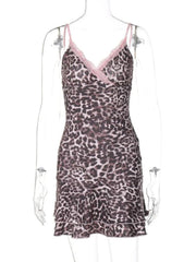 Bxoxo Women's dress pink leopard print fashion streetwear retro aesthetic Y2k cute bow casual hip hop emo girl punk sweet v-neck dress