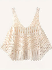 BXOXO 1pc Chic Hollow Knit V-Neck Vest Top - Summer Sleeveless Polyester Pullover with Slight Stretch, Casual Weekend Solid Color Crochet Style Tank