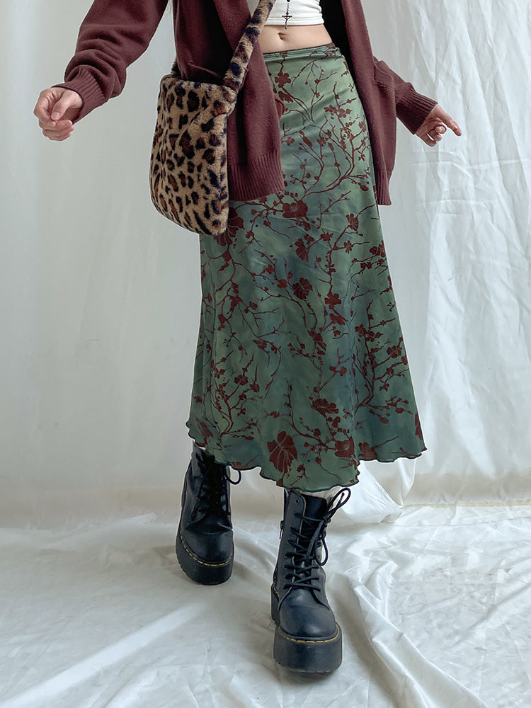 BXOXO - summer inspo Retro Green Floral Print Y2K Long Skirts For Women Vintage Aesthetic Frills Hem Cute Preppy Outfits