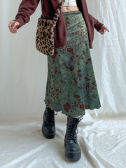BXOXO - summer inspo Retro Green Floral Print Y2K Long Skirts For Women Vintage Aesthetic Frills Hem Cute Preppy Outfits