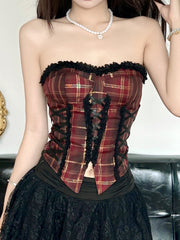 BXOXO - summer inspo Christmas Red Plaid Lace Trim Bandage Women’s Straps Tops Skinny Hotsweet Festive Atmosphere Blouses Fashion Trendy