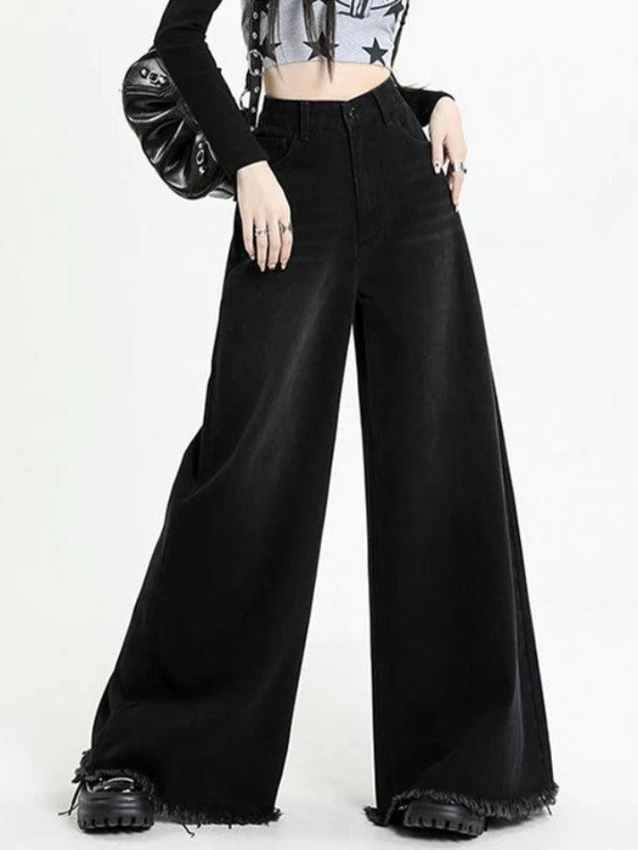 Versatile Black Raw Edge Wide Leg Boyfriend Jeans