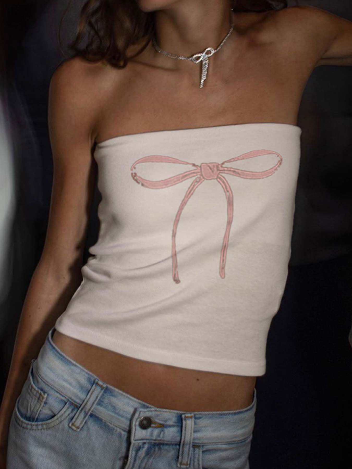 BXOXO - summer inspo Bow Print Cute Y2K Strapless Tube Top Women 2000s Kawaii Crop Top Summer Streetwear