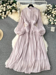 BXOXO French Luxury Folds Wedding Formal Occasion Dress Women Stand Puff Sleeve Chic Pleated Dress Female Shine Robe Clothes Holiday
