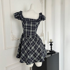 BXOXO - summer inspo Vintage Plaid Mini Dress Women Korean Style Elegant Causal Dress Fashion Splicing Design Dress 2025 Summer New