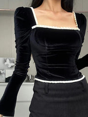 Velvet Square Neck Tie Back Long Sleeve Tee