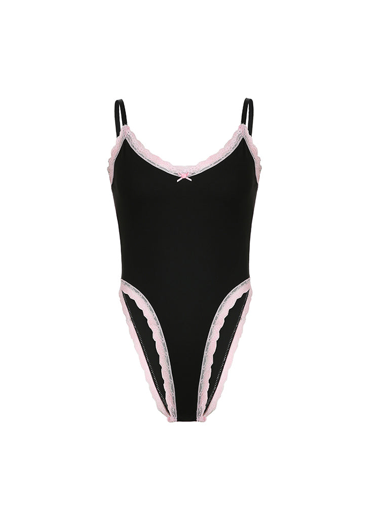 BXOXO - summer inspo Contrast Lace Trim Bow Sleeveless V Neck Skinny Sweet Sexy Black Bodysuit Women Cute Kawaii 2000s Clothes