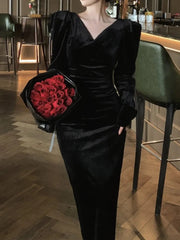 BXOXO party look inspos Vintage Black Velvet Midi Dresses for Women 2025 Autumn New Elegant Evening Party Birthday Slim Long Sleeve Female Clothing Robe