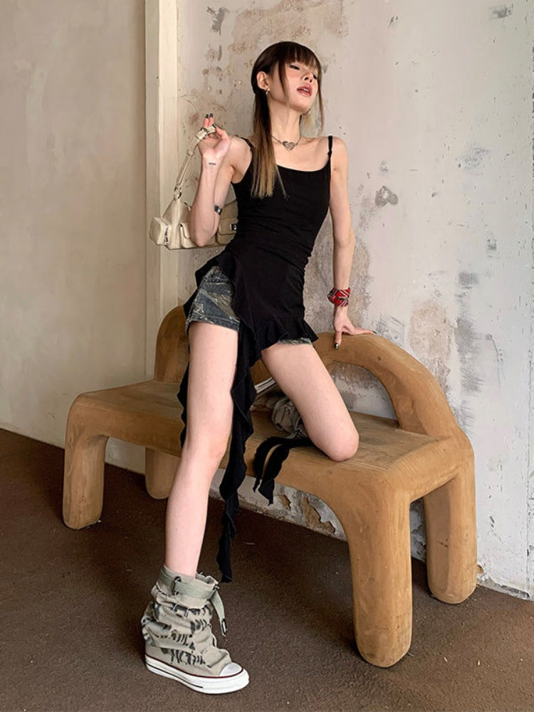 BXOXO Black Asymmetrical Tank Tops Women Y2k Grunge Ruffle Camisoles Hotsweet Sexy Backless Aesthetic Korean Streetwear Punk