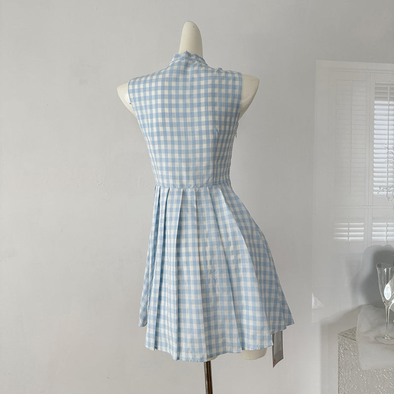 BXOXO - summer inspo French Style Blue Checkered Vacation Style Small Flying Sleeve Dress Summer Chic Design Sleeveless Dress