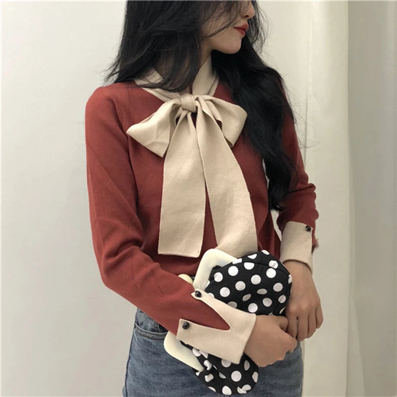 BXOXO party look inspos Korobov Korean Lacing Bow Sweet Women Pullovers Hit Color Basic Long Sleeve Female Sweaters Elegant Patchwork Sueter Mujer