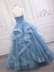 BXOXO Blue Tulle Long Prom Dresses, Blue Tulle Formal Dresses Sweet 16 Dress