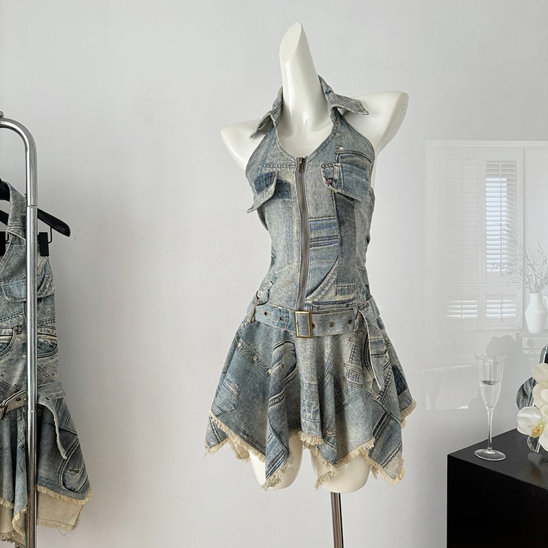 BXOXO - summer inspo Spicy Girl Halter Neck Denim Dress For Women's Summer Retro Streetwear Sleeveless Irregular Short Dress Fashion Female Clothes