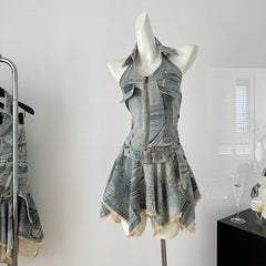 BXOXO - summer inspo Spicy Girl Halter Neck Denim Dress For Women's Summer Retro Streetwear Sleeveless Irregular Short Dress Fashion Female Clothes