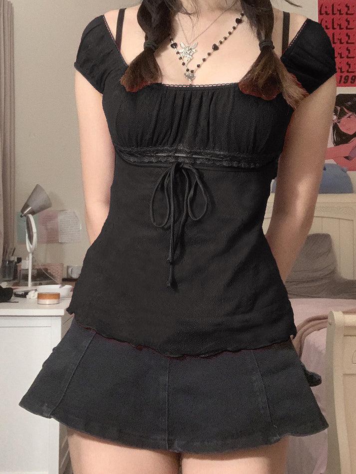 Vintage Tie Front Lace Trim Blouse