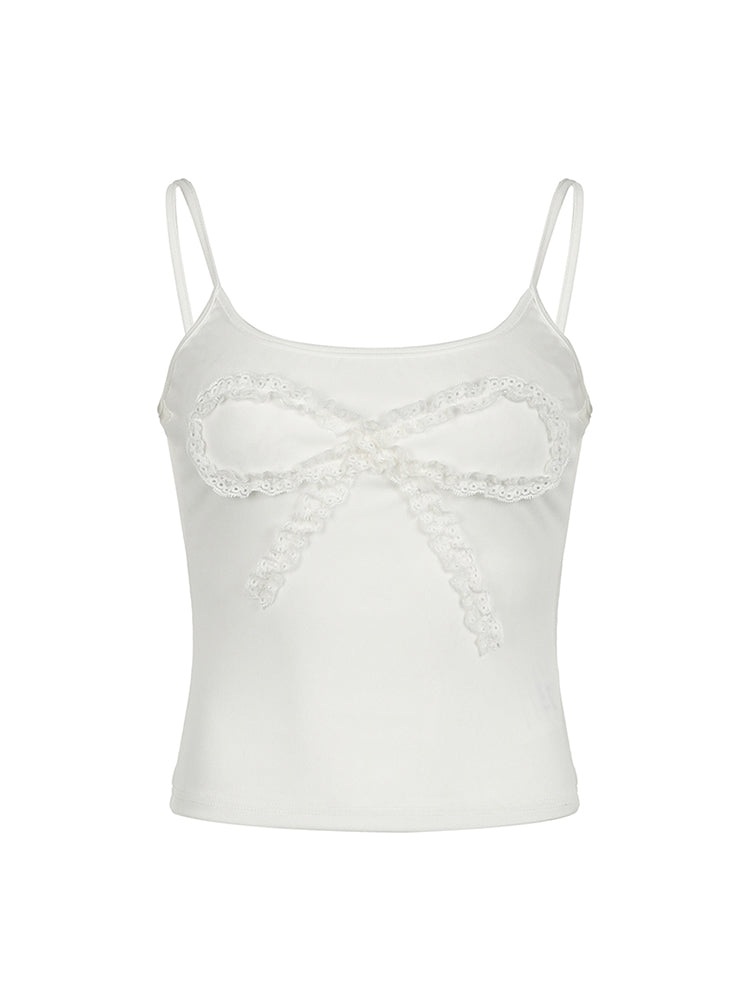 BXOXO - summer inspo Sweetown Lace Bow Patches White Basic Cute Y2K Camisole Sleeveless Slim Women Crop Top Simple Casual Tank Vest