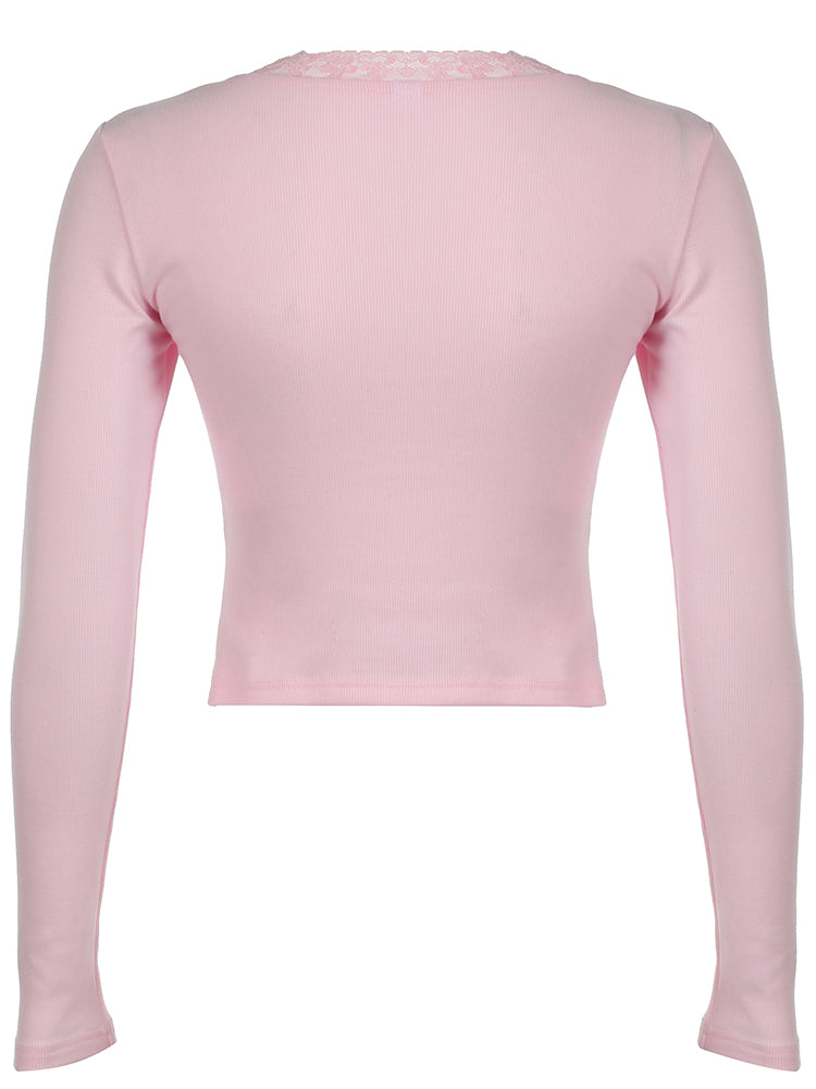 BXOXO - summer inspo Sweetown Japanese Kawaii Pink Sweet Bow Long Sleeve Tee Front Ruched Bust Lace Trim Square Collar Slim Balletcore Women T Shirt