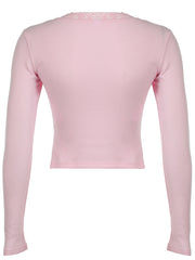 BXOXO - summer inspo Sweetown Japanese Kawaii Pink Sweet Bow Long Sleeve Tee Front Ruched Bust Lace Trim Square Collar Slim Balletcore Women T Shirt