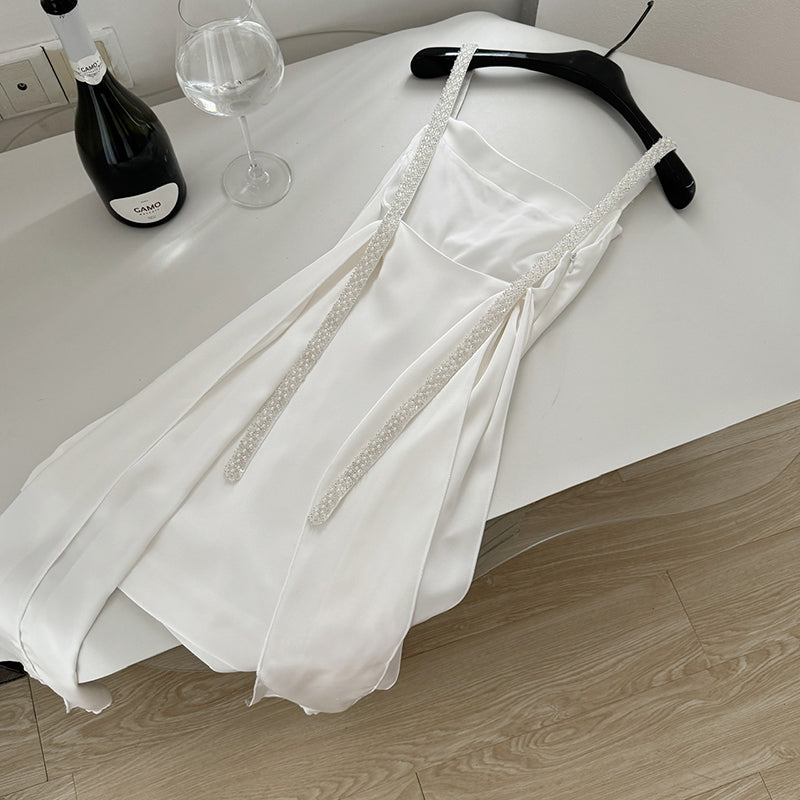 BXOXO - summer inspo French Sexy White Suspender Dress Women Summer Swing Collar Spaghetti Strap Bodycon Dress Fashion Party Club Wear