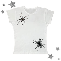 Bxoxo Punk Y2K Gothic Women's Crop Tops Chic Aesthetic Hip Hop Grunge Spider Pattern Print Emo Girls Summer Harajuku Casual Slim Tops