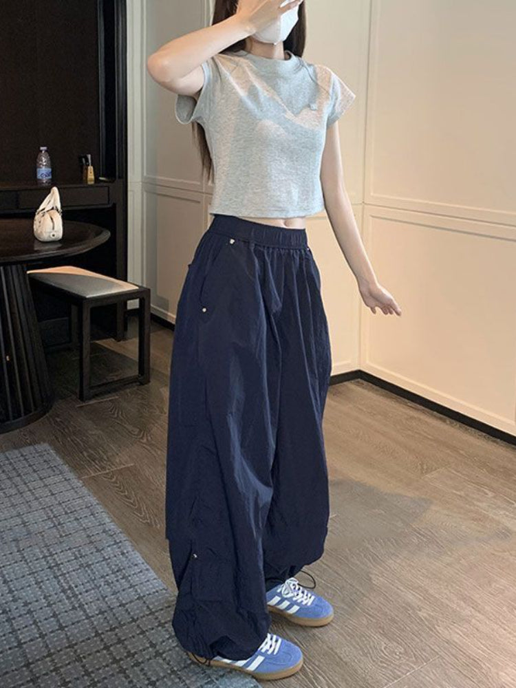 BXOXO Y2k Baggy Parachute Pants Women Vintage Wide Leg Pleated Cargo Trousers Joggers Casual Gray Oversized Summer Streetwear