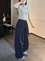 BXOXO Y2k Baggy Parachute Pants Women Vintage Wide Leg Pleated Cargo Trousers Joggers Casual Gray Oversized Summer Streetwear