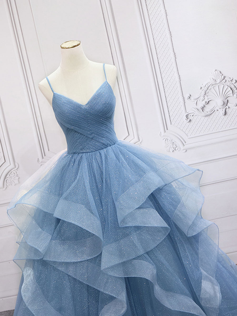 BXOXO Blue Tulle Long Prom Dresses, Blue Tulle Formal Dresses Sweet 16 Dress