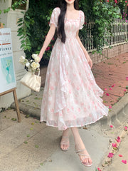 BXOXO Polyester Casual Square Neck Puff Sleeve Short Floral Midi Trapeze Fit and Flare Shirred A-Line Dress, No Belt, No Padding, H Contour, Regular Fit, Woven, 100% Polyester Lining, 90g/㎡ Fabric Weight, 56g/㎡ Lining Wei