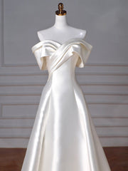 BXOXO A-Line Off Shoulder Satin Beige Long Prom Dress, Beige Long Formal Dress