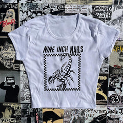 Bxoxo Gothic Punk Chic Aesthetic Women's Baby short sleeves Y2K sexy Slim vintage Harajuku Grunge Streetwear Hip Hop White Croped Tops