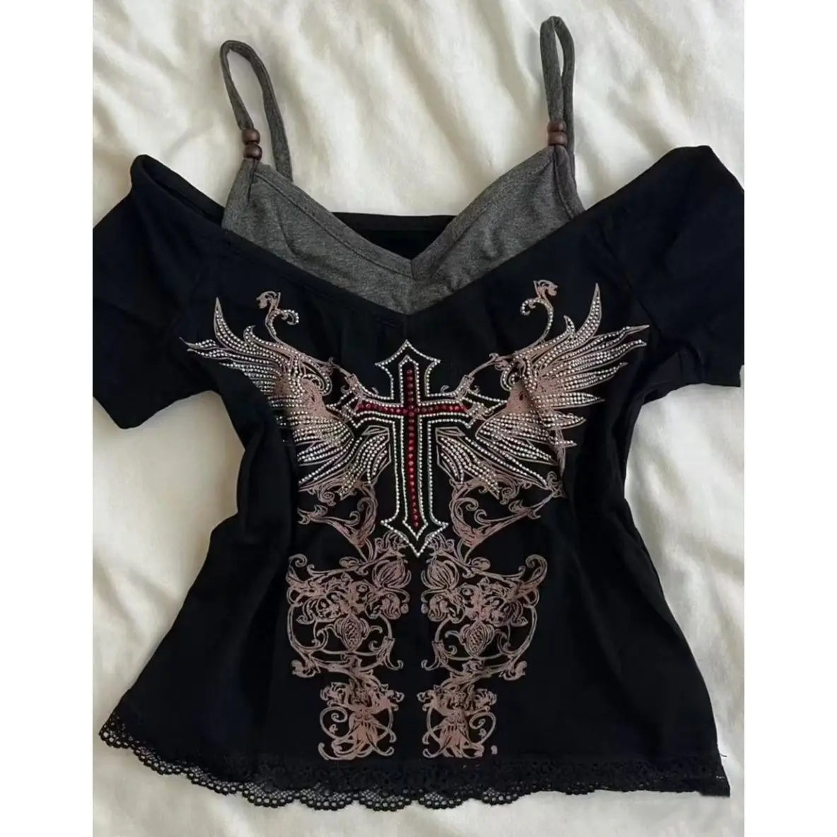 BXOXO Punk Vintage 90s Women Clothes Gothic Sexy Casual Grunge T Shirts Streetwear Crop Top Lace Aesthetic Femme Harajuku Y2k Clothing