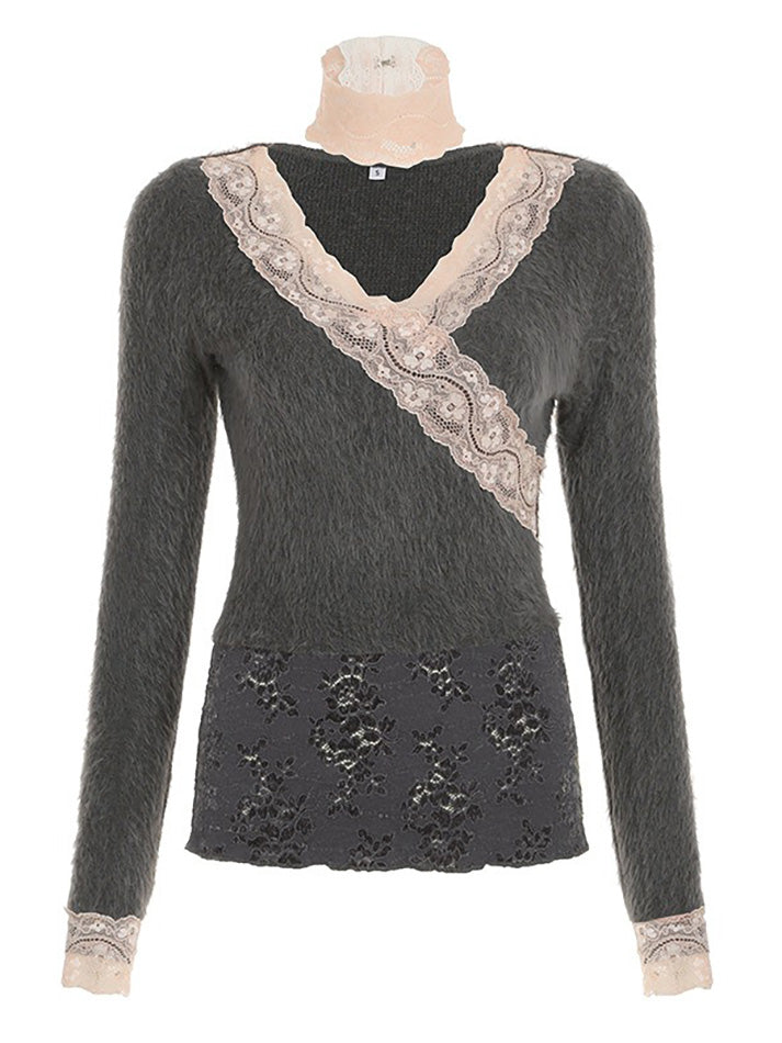 BXOXO - Lace Contrast V-Neck Long Sleeve Top