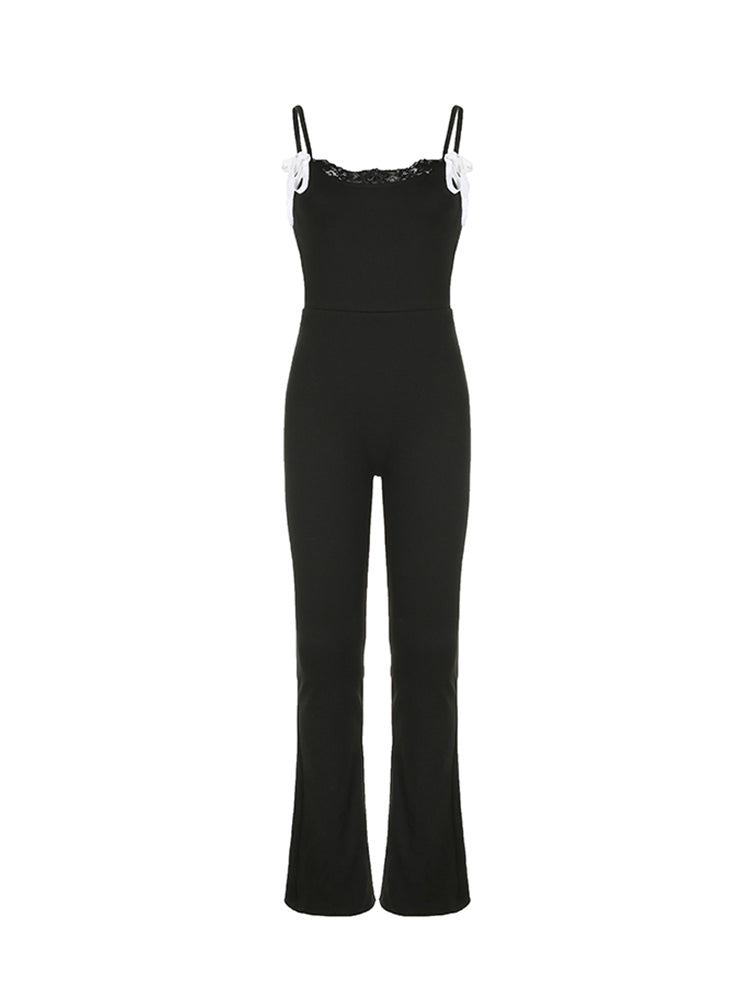 BXOXO - summer inspo Black Solid Sleeveless Skinny Sexy Flared Jumpsuits Women Lace Trim Tie Bow Cute Sweet Y2K Slip Rompers