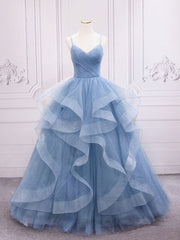 BXOXO Blue Tulle Long Prom Dresses, Blue Tulle Formal Dresses Sweet 16 Dress