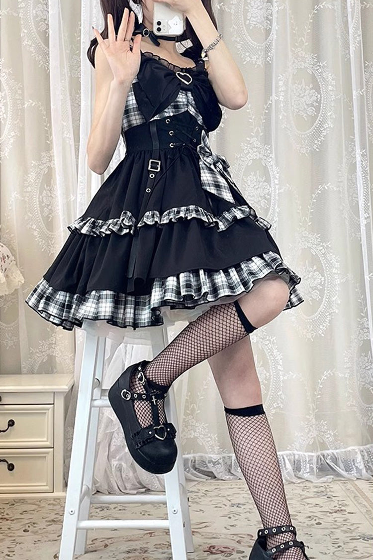 BXOXO - Black/White Plaid Print Color Contrast Leather Buckle Bowknot Ruffle Gothic Lolita JSK Dress