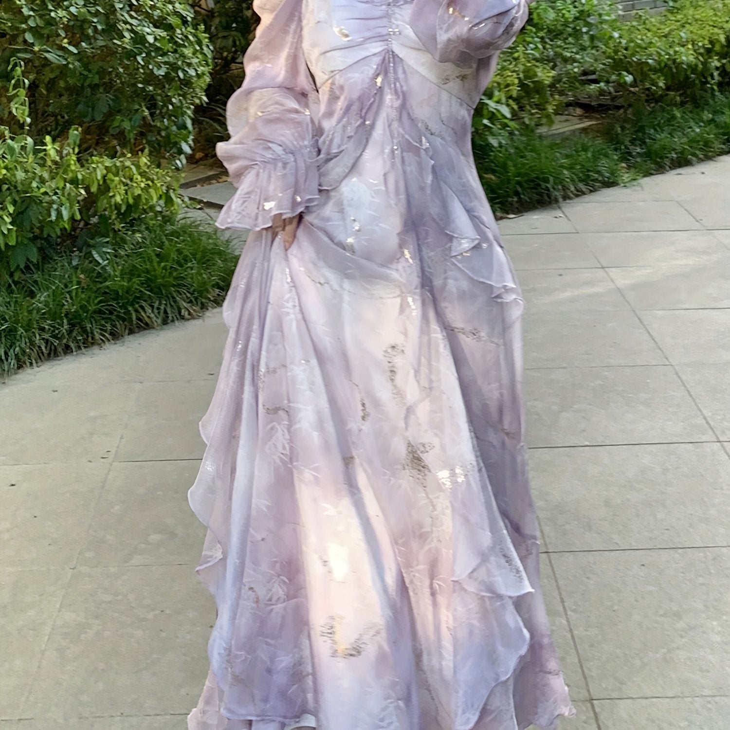 BXOXO Lavender Blue Ombre Dress - Elegant Floral Print, Long Sleeve, Off-Shoulder, A-Line Silhouette, Ruffle Detail, Polyester, Perfect for Spring & Summer