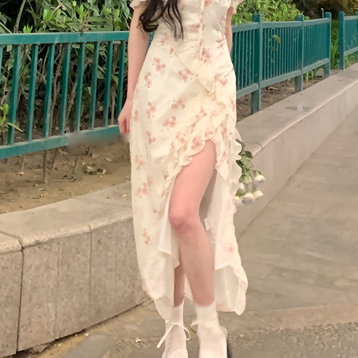 BXOXO Elegant Off-Shoulder Floral Midi Dress for Women - Chic Ruffle Detail & High-Low Hem, Lightweight Polyester, Perfect for Spring/Summer, Casual Wear|Asymmetrical Hemline|Glossy Texture
