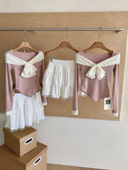 BXOXO Autumn Winter Women Korean Fashion Ballet Core Girl Outfits 2 Piece Set Long Sleeve Sweet Bow Crop Tops + Mini Skirt Coquette