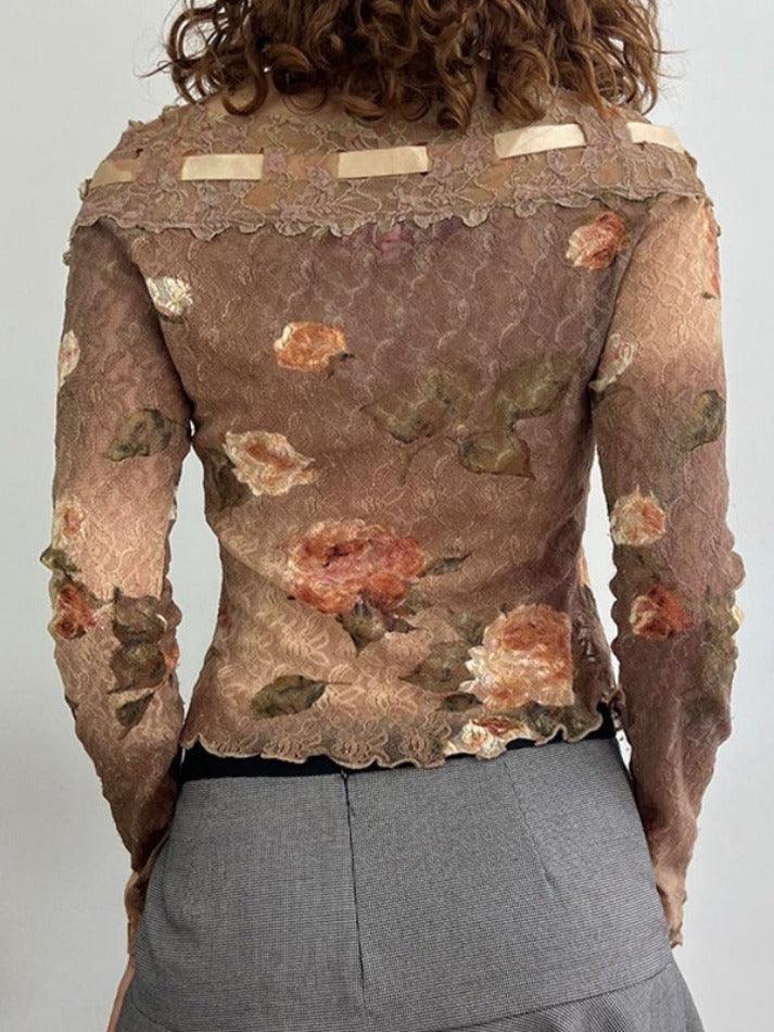 Vintage Flower Print Lace Splice Off Shoulder Long Sleeve Tee